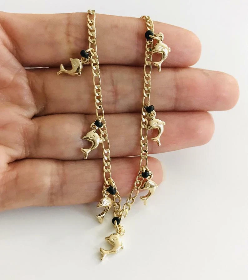 Tobillera de Delfín Chapada en Oro 18k para Buena Suerte 11" Largo / Delfines Tobillera -A26 Foto 2 de 4