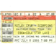 MOTLEY CRUE & SCORPIONS Concert Ticket Stub BURGETTSTOWN 7/9/99 COKE STAR LAKE