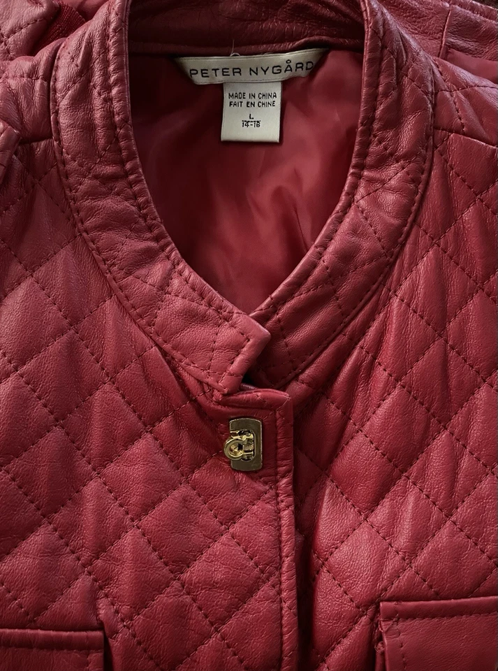 Chaqueta/Suéter Peter Nygard Acolchado Cuero/Rojo Tejido Cierre de Cierre Dorado Talla Lrg Foto 2 de 4