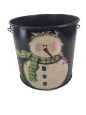 Rustic Country Primitive Christmas Snowman Hand Painted Metal Bucket Bail