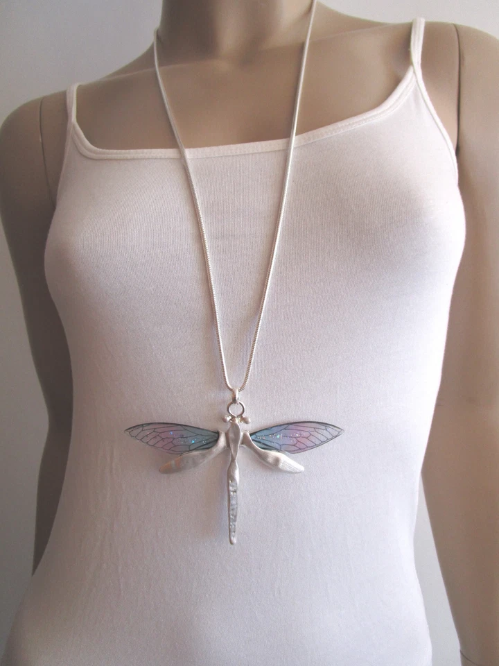 Damen Hals Kette lang Modekette Statement Silber Libelle Lila Blau Alu Trend - Bild 2 von 4