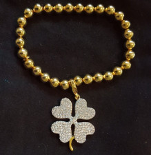 Jewels By Jen Polished Goldtone Beaded Stretch Bracelet With 4 Leaf Clover Charm