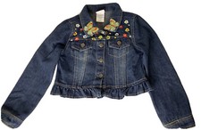 Nannette Kids Dark Wash Floral Butterfly Embroidered Denim Jacket, Sz 6 Ruffles