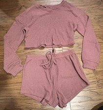 Waffle Knit Longsleeve Crop Top 2-Piece Cozy Short Set