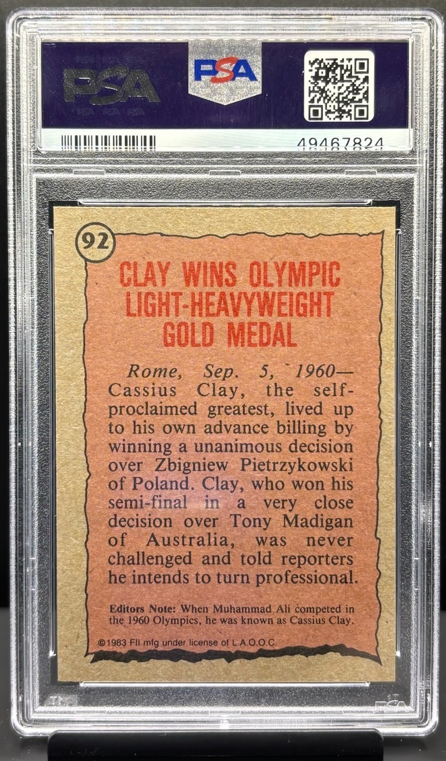1983 Topps Olympians Cassius Clay Muhammad Ali Greatest #92 PSA 8 NM - MT view 2