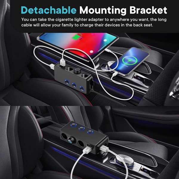 Car Charger Splitter 200W 3 Socket Cigarette Lighter Adapter with PD30W USB-C Mu