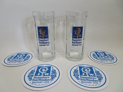 2x Augustiner Bräu München Krug Glaskrug 0,3L Krüge Deutschherren 4x Bierdeckel