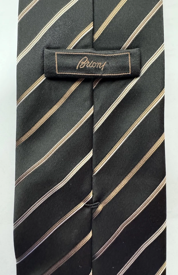 Brioni, Itialian Silk, Handmade Black, Tan, Silver Stripe Tie - Image 3 of 3