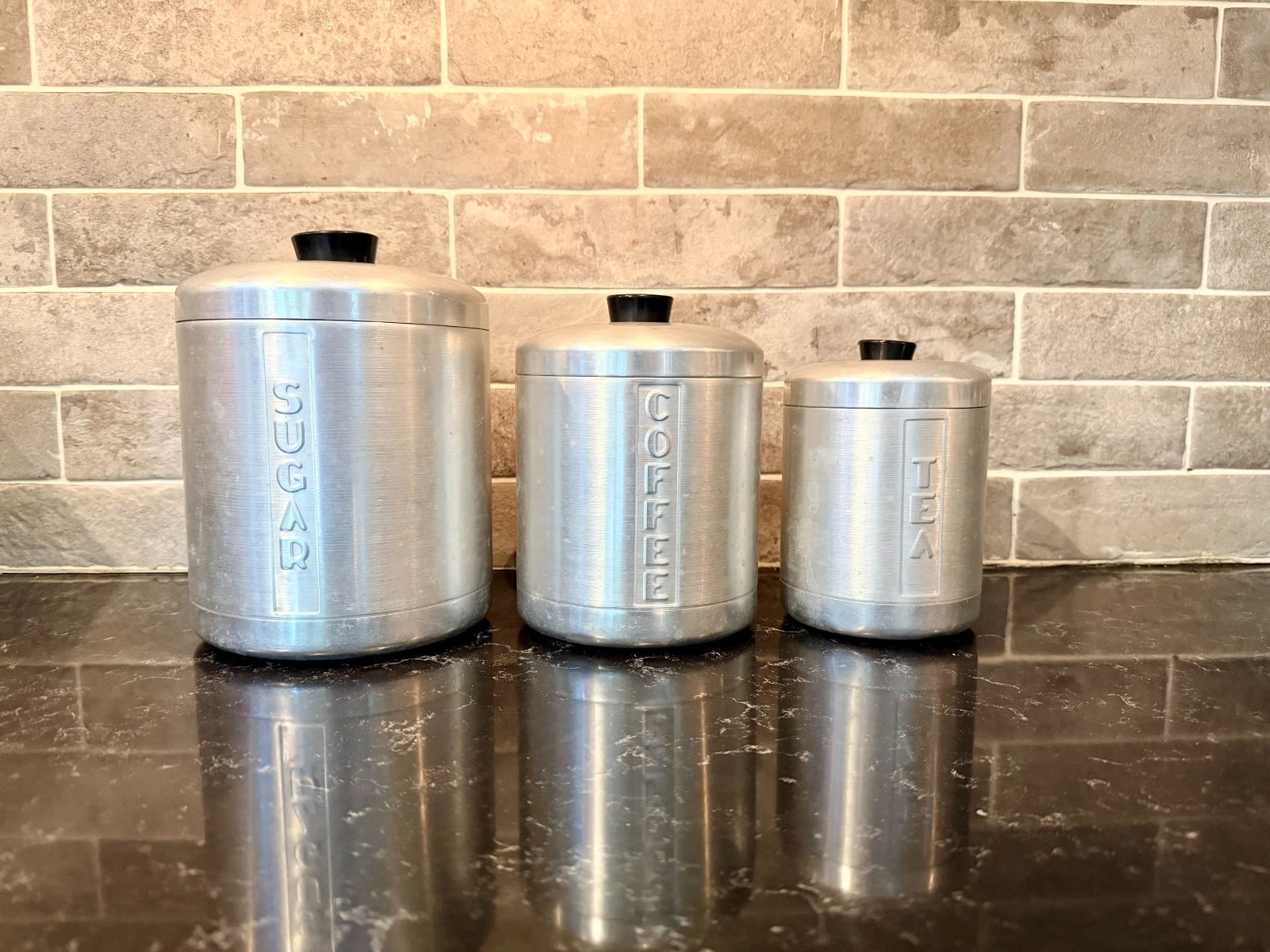 Vintage Aluminum Canister Set Sugar Coffee Tea MCM Kitchen Black Knobs Set of 3
