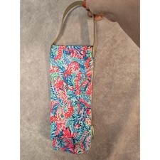 Lilly Pulitzer Pink Flamingo Wine Tote Aqua Blue Gold Handle 12x5 Inch NWOT NEW