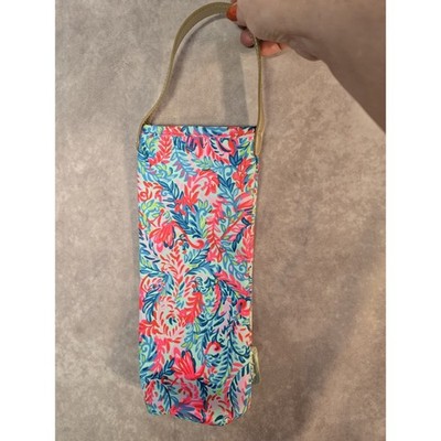 Lilly Pulitzer Pink Flamingo Wine Tote Aqua Blue Gold Handle 12x5 Inch NWOT NEW