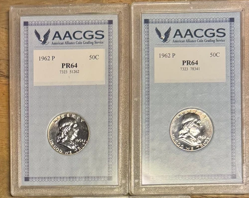 $1 face~Franklin Half Dollars~1962~Both Proof~90% Silver~