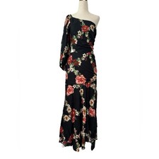 Farm Rio Black Floral One Shoulder Midi Dress