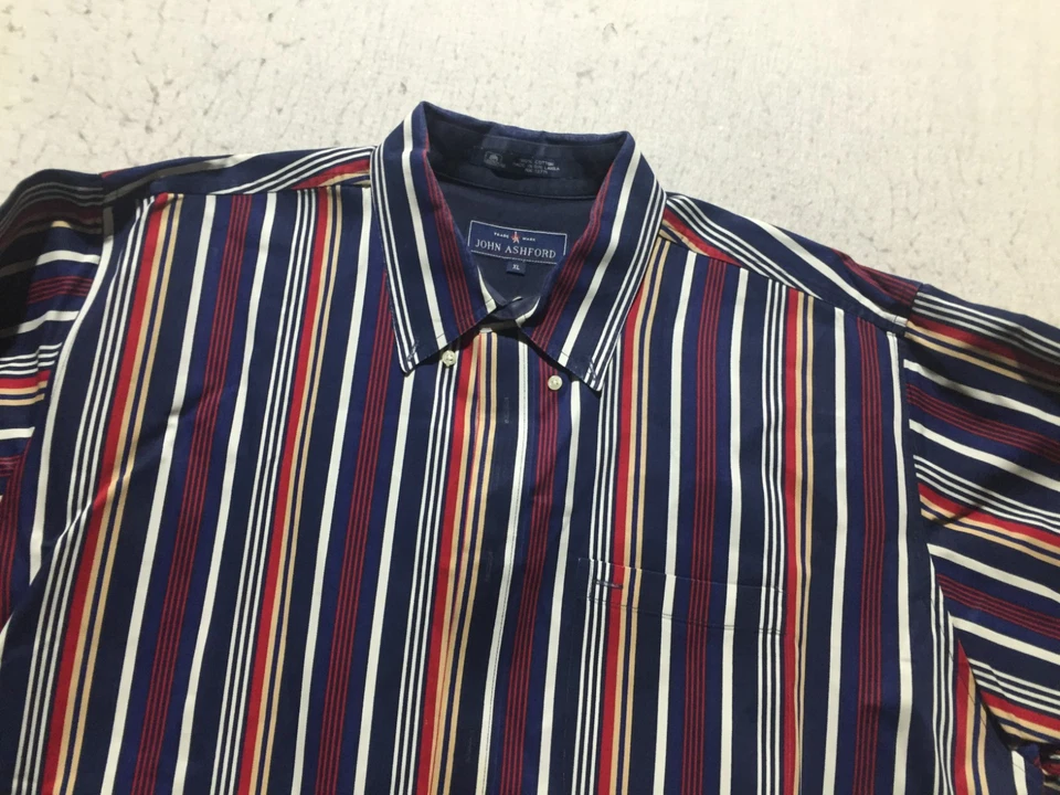 Camisa de vestir John Ashford para hombre XL negra roja azul blanca a rayas manga larga Foto 2 de 4