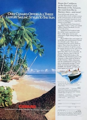 1987 CUNARD Cruises Roam Caribbean Bermuda the Amazon Rio or B.Aires PRINT AD