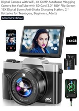 4K 64MP Digital Camera WiFi Autofocus Vlogging Camera Flip Screen 64GB