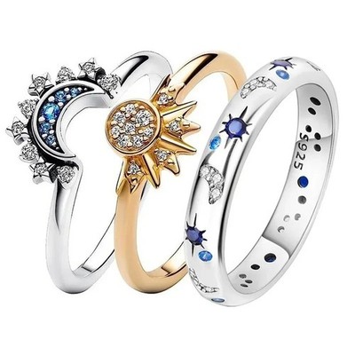 New Celestial Blue Crystal Moon Sun Star Ring Women Elegant Stackable Jewelry