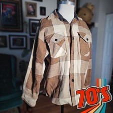 Vintage 70s Campus CPO Plaid Wool Blend Shirt Jacket Men's Brown Cream Button Up