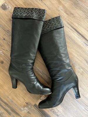 Vintage Womens Black Leather Tall Fashion Boots 37 Or 6.5 Chevron Stitching