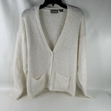 Vintage Yarn Works Cardigan Womens Large Off White Crochet V Neck Granny Core