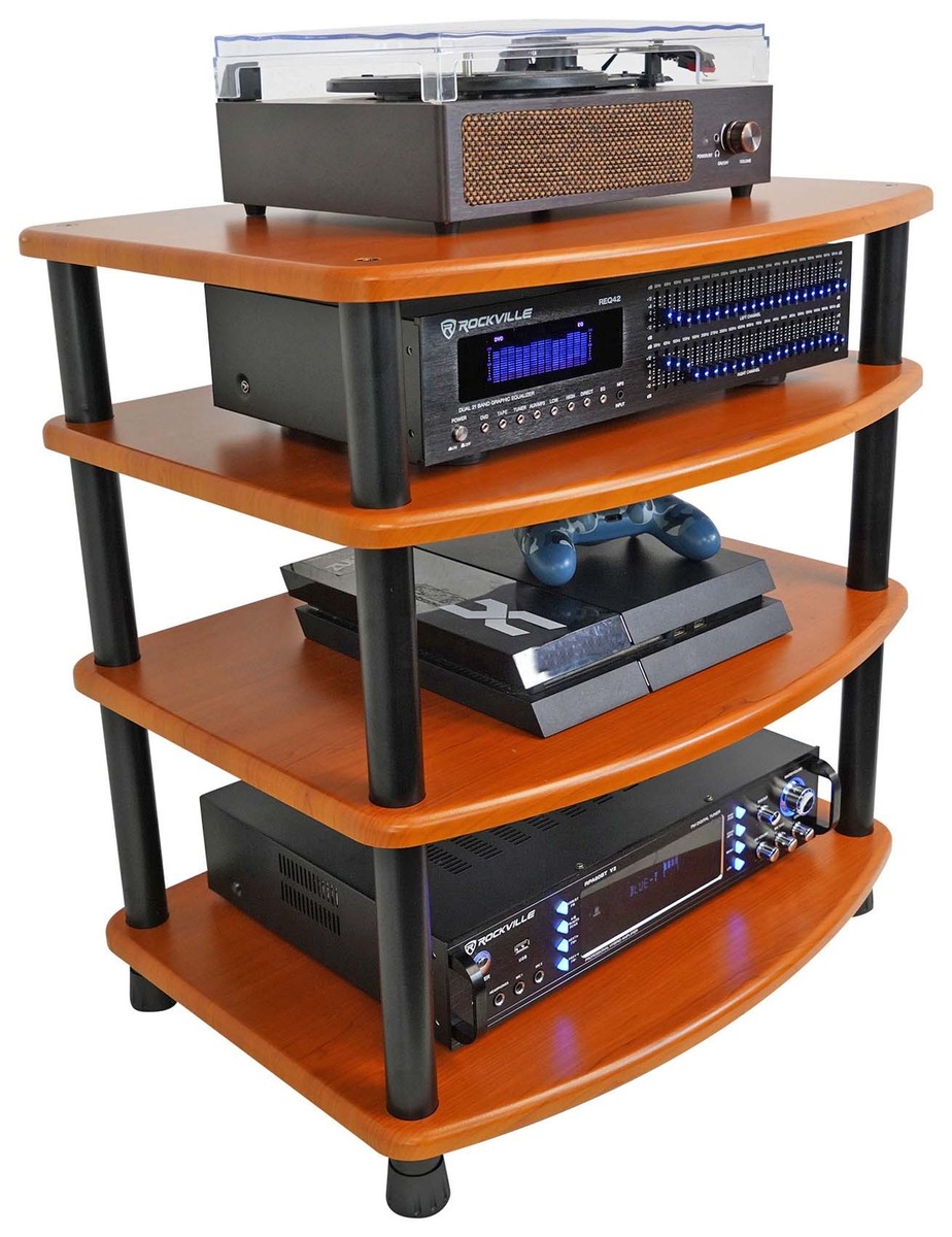 Rockville FLX Classic Wood Adjustable Height 4 Shelf Home Theater