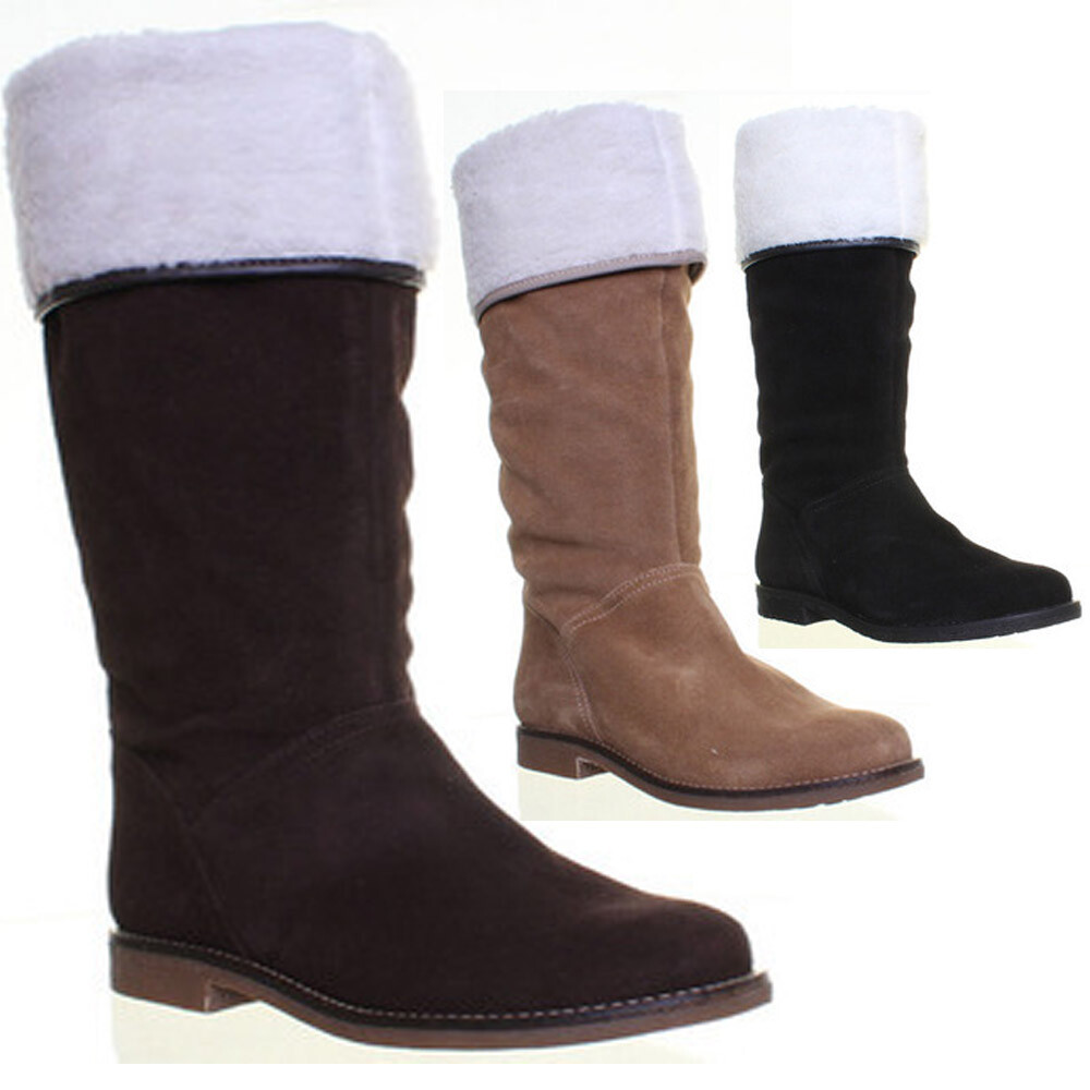 Womens Ladies 100 Real Suede Knee High Fur Lined Boots In Brown Size UK 3 8 eBay