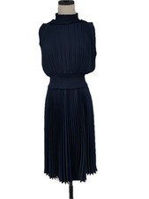 NWT Nanette Lepore Smocked Waist High Neck Pleated Dress Navy Blue Size 8 M