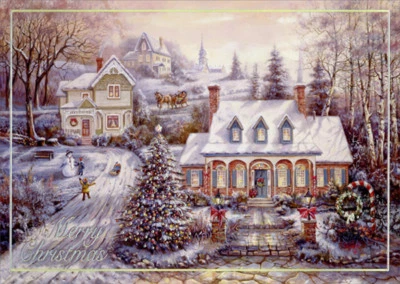 LPG GREETINGS Holiday Magic Homes on Snow Covered Hill Silver Foil Embossed Christmas Card