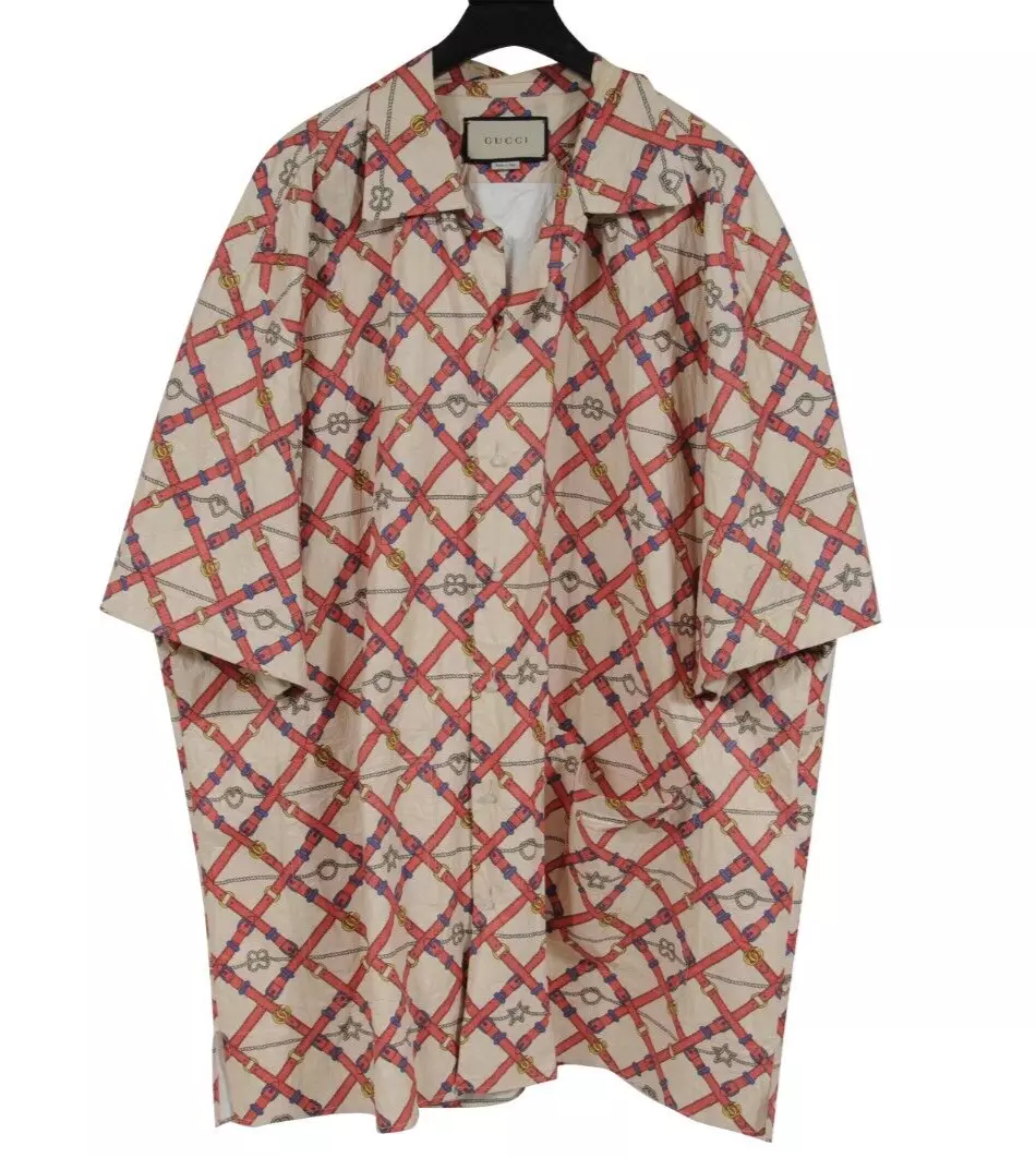 Chemise de bowling Gucci ceintures en papier froissé Med 48 rouge marron polyester boutonnée