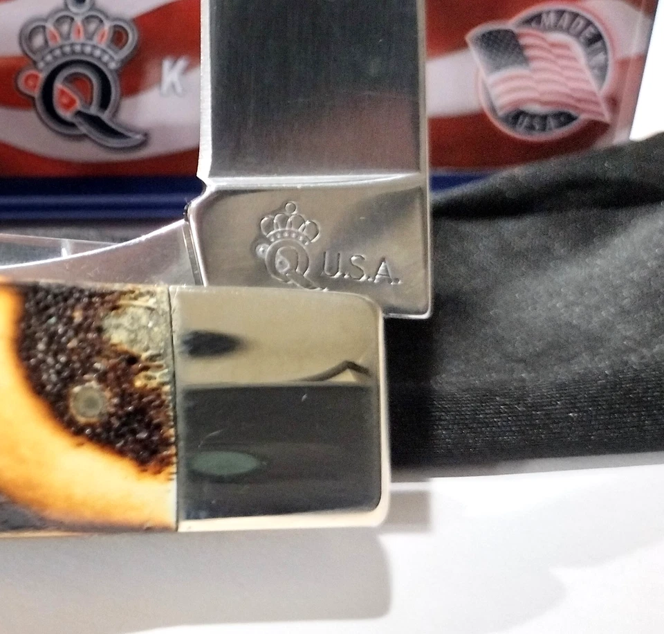 Queen USA Genuine Stag Bone Handle 2 Blade Trapper Folding Pocket Knife QGSH206L - Image 3 of 4