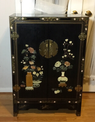 Vintage 37” Chinese Hand Panted & Carved Jade Inlay Black Lacquer