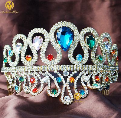 Impressive Tiara w/ Hair Combs Multi-color Crystals Wedding 