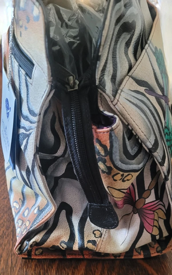 Cartera Anuschka pintada a mano floral, libélula y rayas cebra nueva con etiquetas Foto 4 de 4