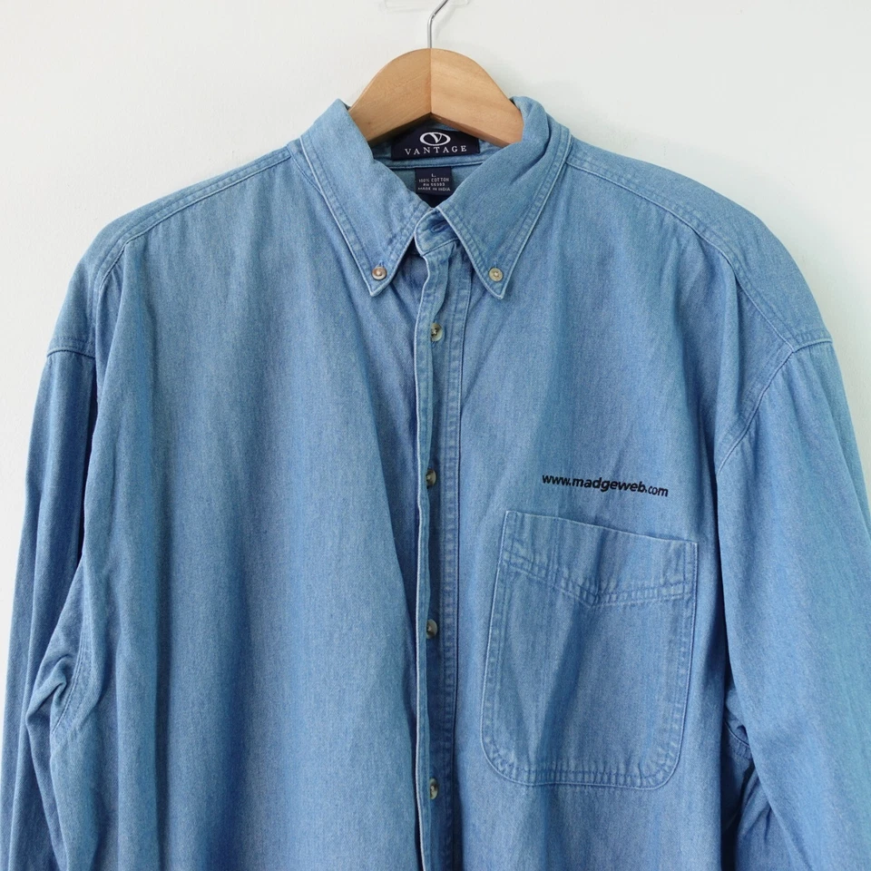 Camisa de vestir azul cambray para hombre grande VANTAGE algodón con botones sobrecamisa bolsillo Foto 3 de 4