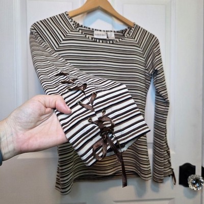 Vtg Y2k Fashion Bug Striped Top Laced Bell Sleeve Hippie Boho Baddie City S