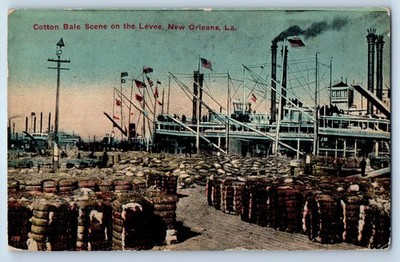 1914 New Orleans Louisiana Vintage Postcard Cotton Bale Scene Levee Steamer Ship