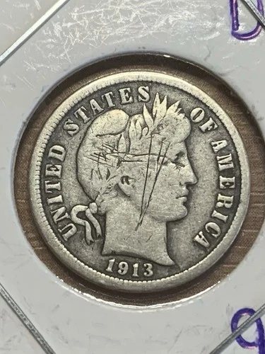 1913-P Barber Dime 90% Silver Very Good Wreath/Rim Circulated Details Sleeved