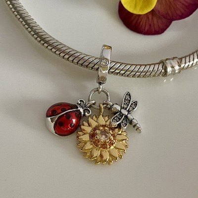 S925 Silber Garten Hänger Charm Marienkäfer Sonnenblume Libelle Emaille