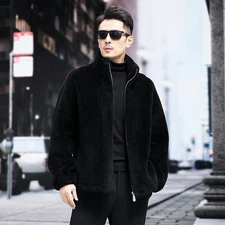 100% Wool Fur Men's Winter Stand Collar Thicken Zipper Coat Cotton Wool Jackets