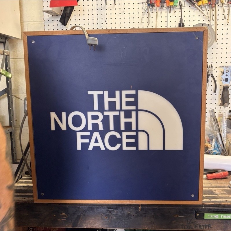 The North Face Blue Logo Store Display Advertising Sign Wood Frame Brown/White
