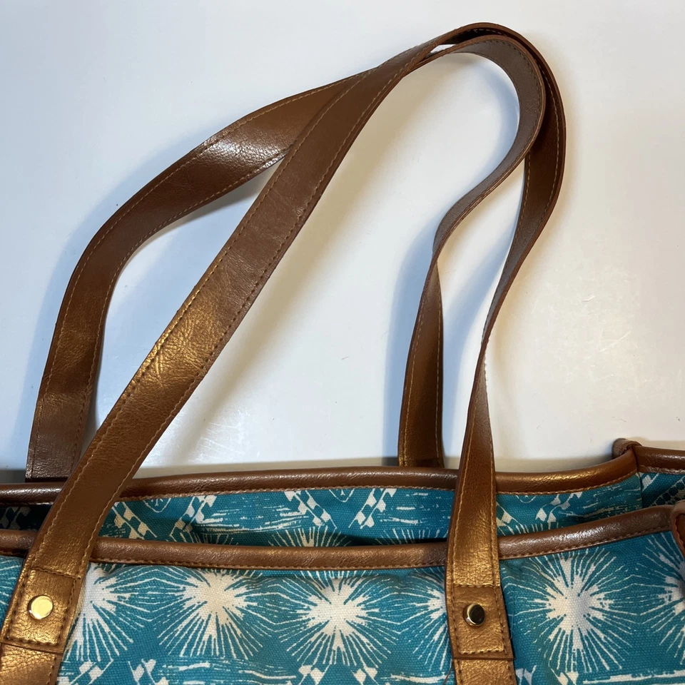 Bella Taylor Large Canvas Tote Bag Blue White 100% Cotton Faux Leather Travel - Image 3 of 4