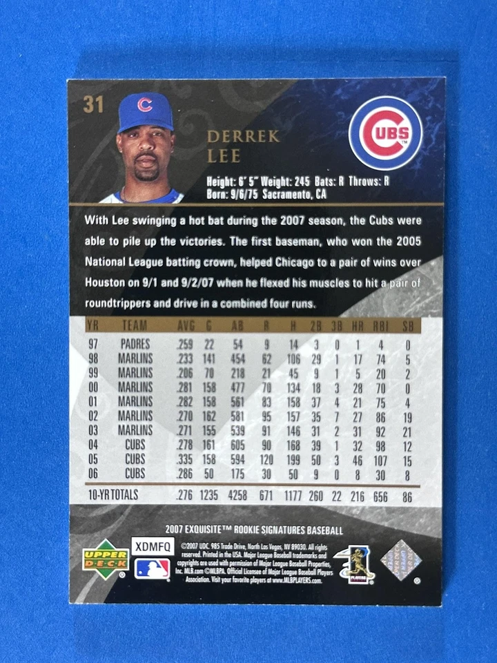 2007 Upper Deck Exquisite Rookie Signatures Gold #31 Derrek Lee Cubs #/75 - Image 2 of 2