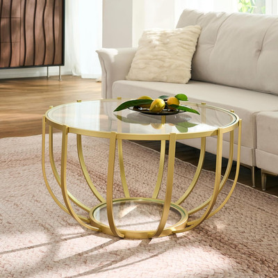 Glam Gold Round Glass Coffee Table, Mid-Century, 2-Tier Design, 30.7'' D