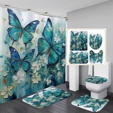 4 Pcs Green Blue Butterfly Shower Curtain Set with Non-Slip Rugs White Flower...