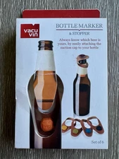 Vacu Vin Bottle Marker & Stopper, Leather Design, Set of 6, NIB