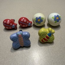 Set Of 6 Vintage Drawer Knobs Handles Butterfly Ladybug Bee Flower Whimsical