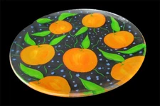 Hand Painted 14" Italian Serving Platter - Oranges & Blue Dots - Glass Dish