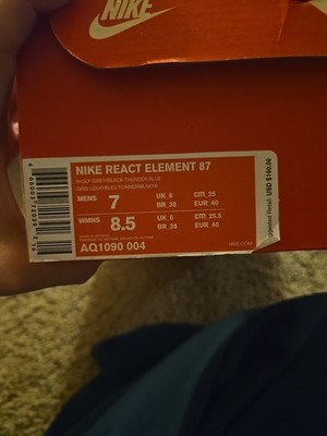 Nike React Element 87 Men's Running Shoes Wolf Grey/Black-thunder Blue Size 7M