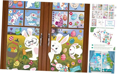 9 Sheets Easter Window Stickers, 131Pcs Cute Eggs Bunny Carrot Clings for 