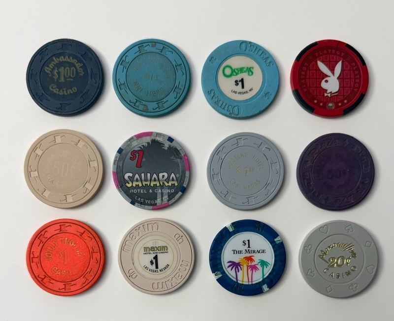 Lot of 12 Las Vegas Chips $1 Casino Mirage Osheas Maxim Sahara Ambassador Orbit